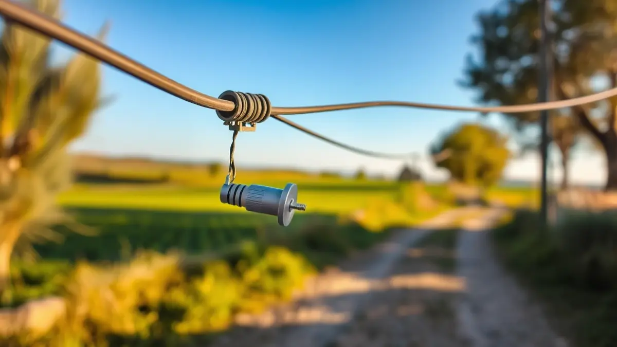 Image of a damaged telecommunications cable hanging over a rural road.