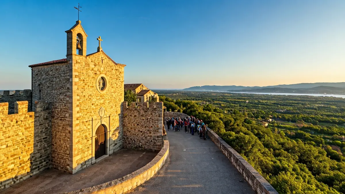 Imagen de un castillo histórico con capilla privada y vistas al mar, situado en un entorno mediterráneo.