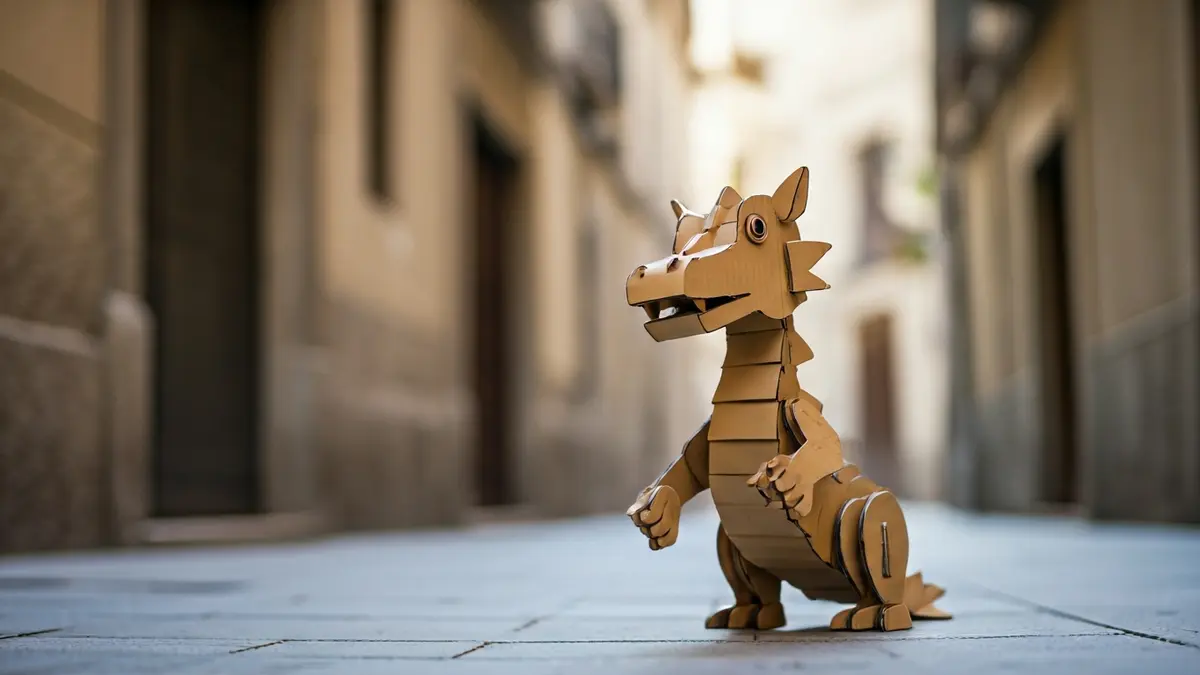 Image of a cardboard dragon figure simulating urination at a building entrance.