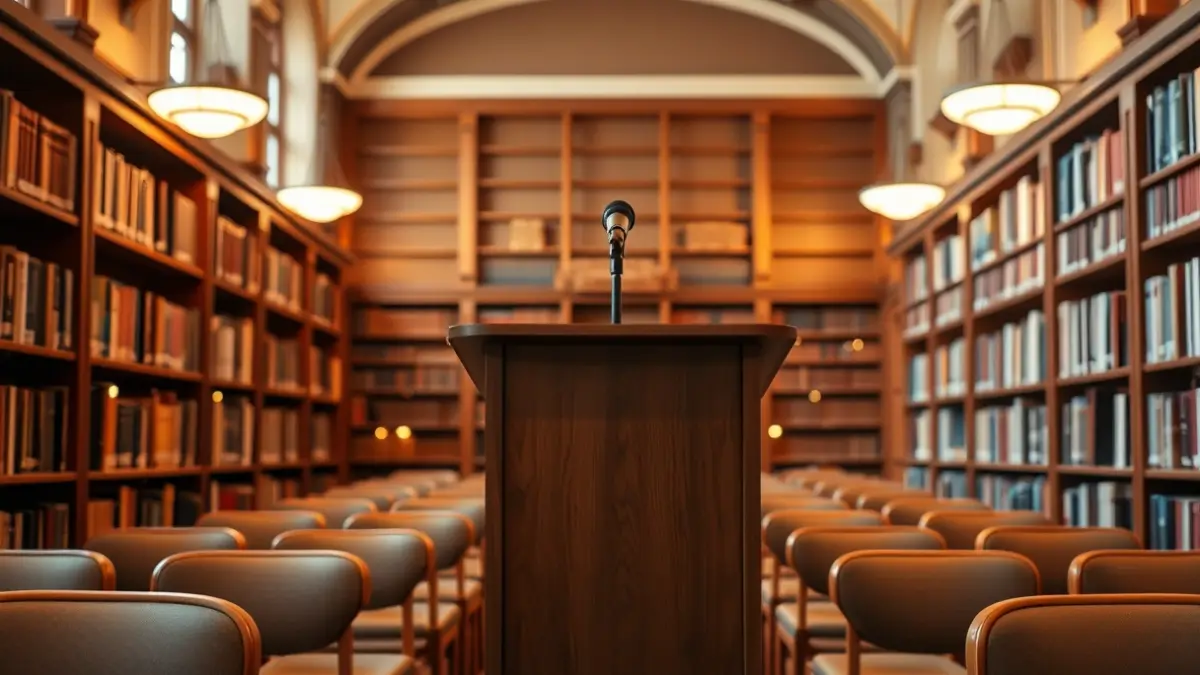 Imagen genérica de una biblioteca con un podio y un micrófono, simbolizando una presentación de libro.