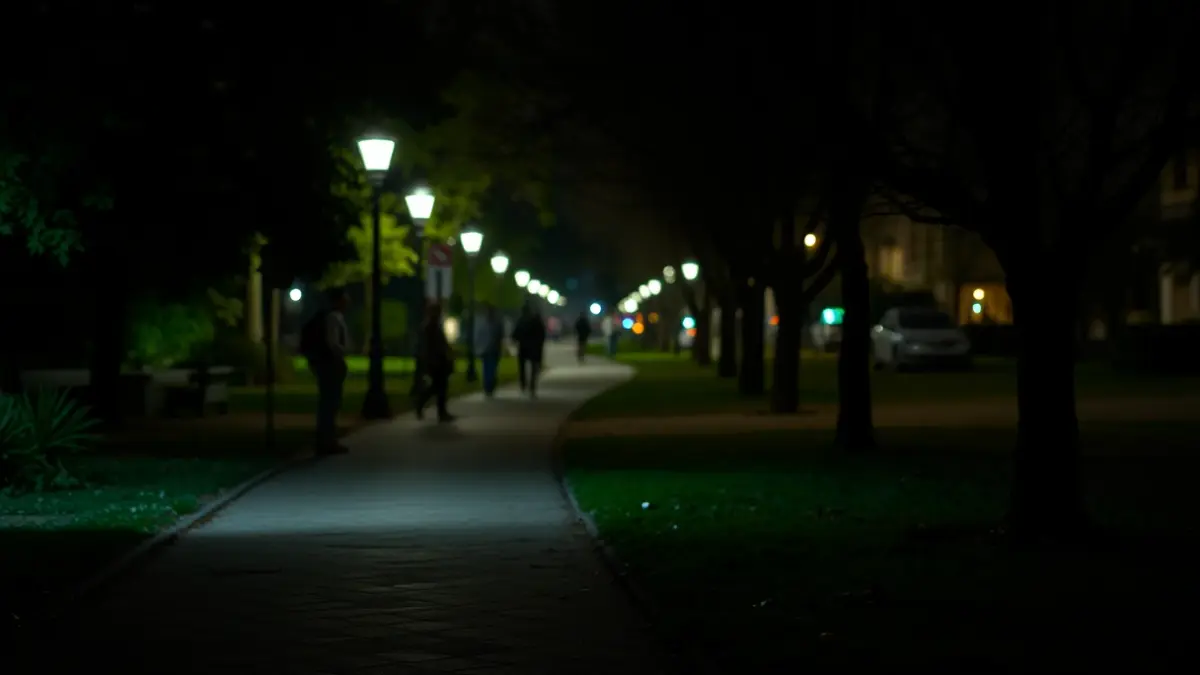 Image of a park with poor lighting at night, with an atmosphere suggesting degradation.