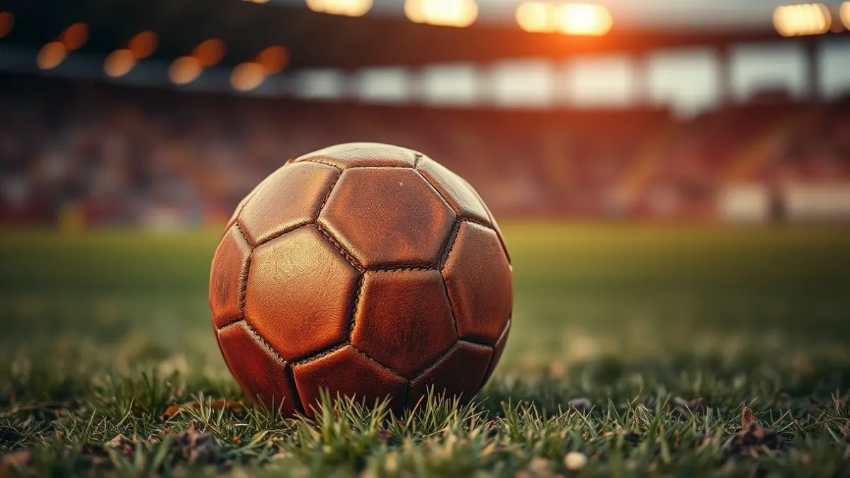 Generic image of a vintage soccer ball on grass, with blurred stadium lights in the background.