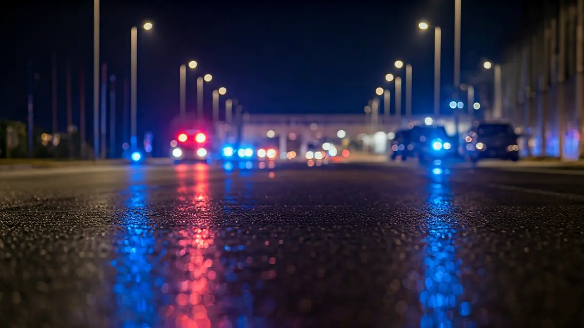 Imatge genèrica de llums d'emergència reflectint-se sobre l'asfalt en una zona industrial.