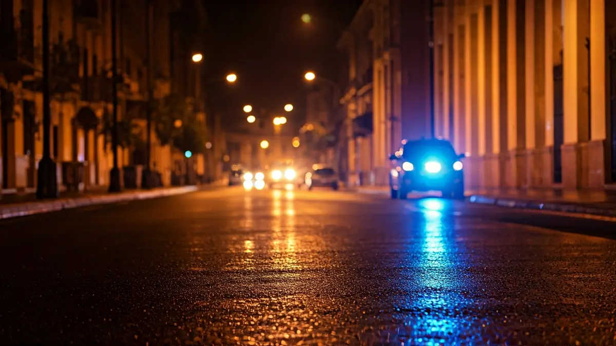 Imagen genérica de luces de emergencia reflejándose sobre el asfalto mojado en un entorno urbano mediterráneo.