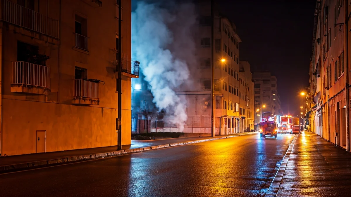 Generic image of a fire in a residential building at night, with smoke coming out of a window and blurred emergency lights.