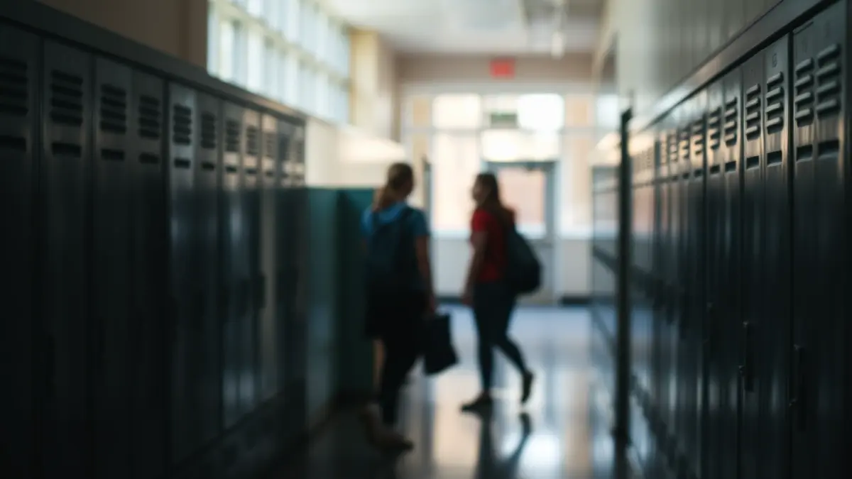 Imatge genèrica d'un passadís escolar, amb taquilles i figures borroses, suggerint un ambient educatiu.