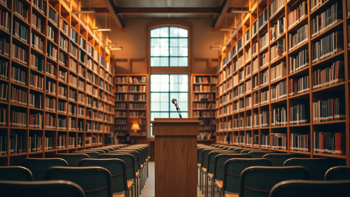 Imagen genérica de una biblioteca con estanterías de madera y un atril con micrófono, con una iluminación cálida.
