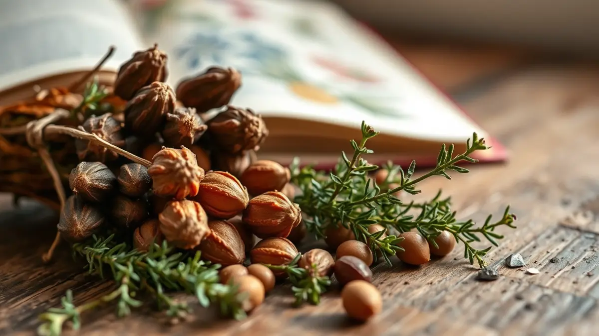 Image of carob pods and thyme, with a botanical book in the background.