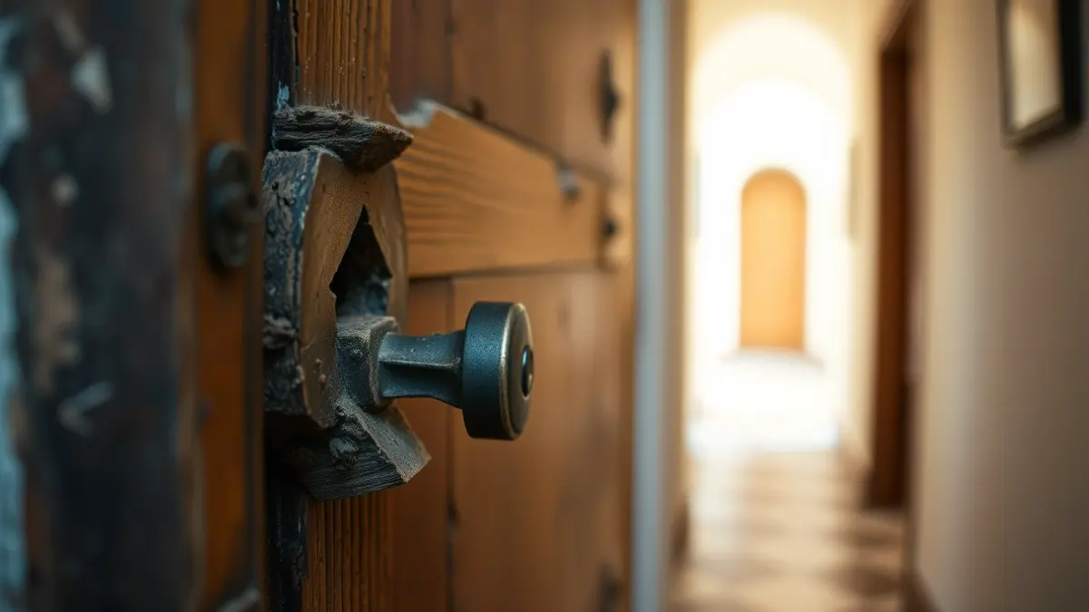 Imatge d'una porta antiga amb el pany trencat, símbol de desperfectes en un habitatge.