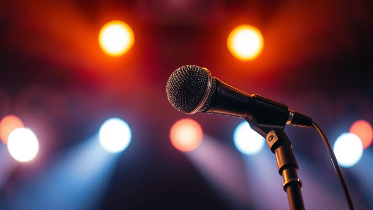 Imatge genèrica d'un micròfon en un escenari, amb llums borroses al fons.
