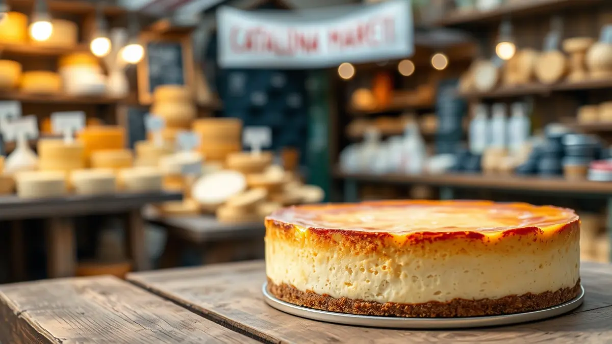 Image of an artisanal cheesecake on a wooden table, with a blurred background of a Catalan cheese market.