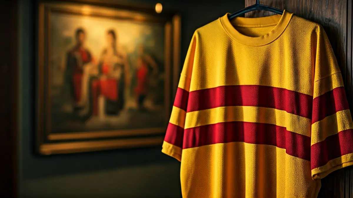 Vintage football jersey with the 'senyera' and a blurred painting in the background.