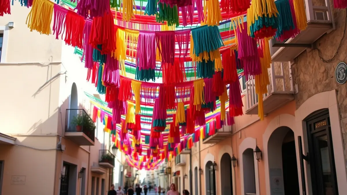 Imatge d'un tendal de borles de llana de colors a un carrer de Tàrrega.