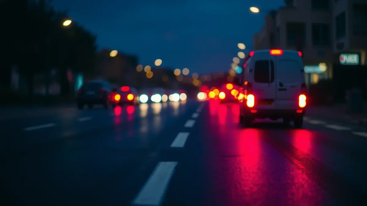 Generic image of emergency lights reflecting on wet asphalt in a Mediterranean urban setting.