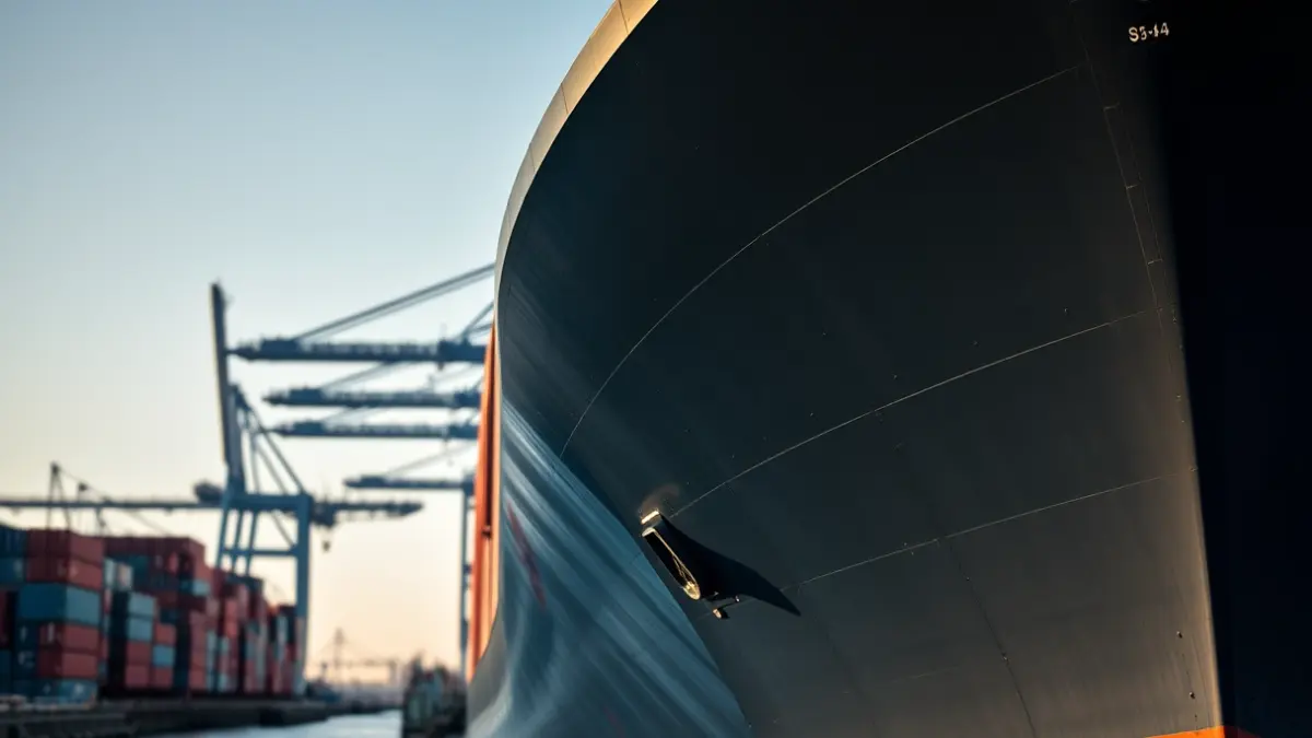 Imagen de un buque de carga en un puerto moderno con contenedores y grúas.