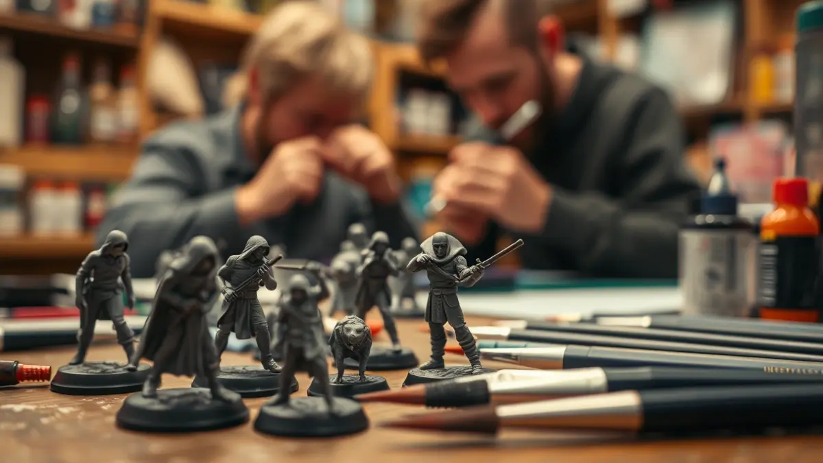 Imagen genérica de miniaturas de juego de mesa y herramientas de pintura en una mesa.