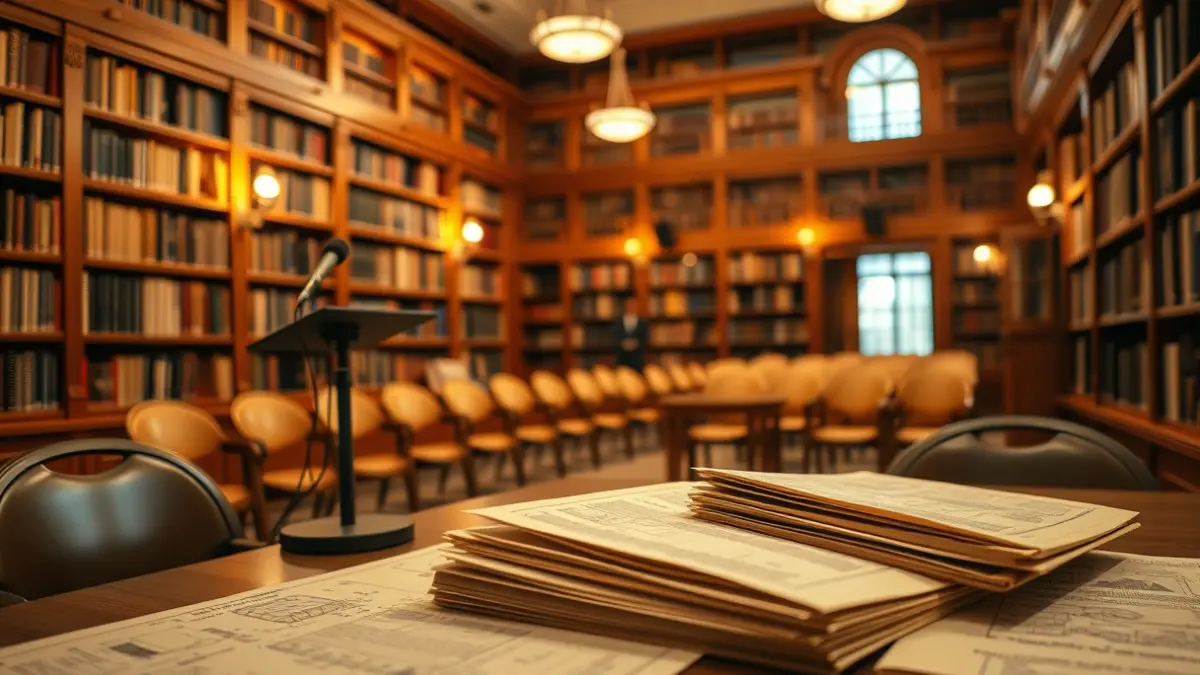 Image of an exhibition hall with old documents and architectural drawings.