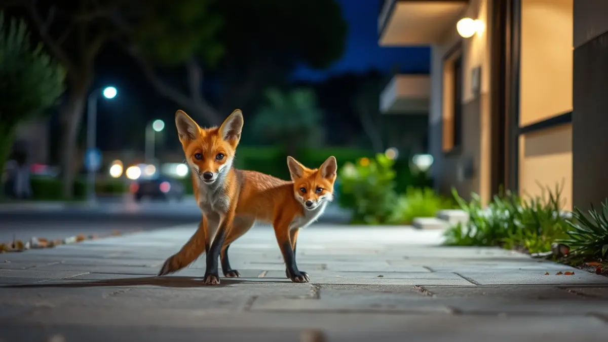 Imagen de un zorro joven cerca de la entrada de un edificio residencial por la noche.