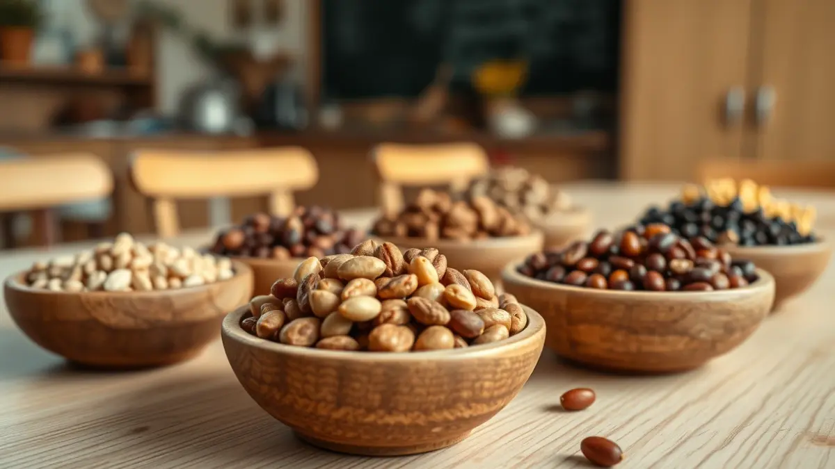 Imatge genèrica de diversos llegums secs en bols de fusta.