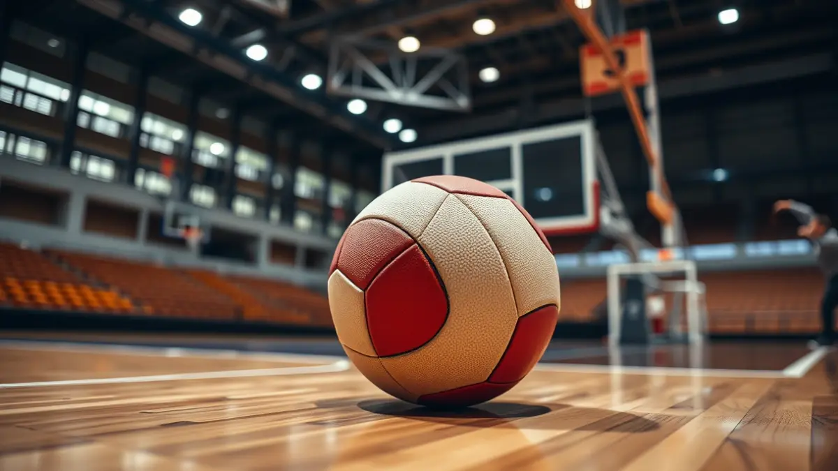 Imatge genèrica d'una pilota d'handbol sobre una pista de fusta.