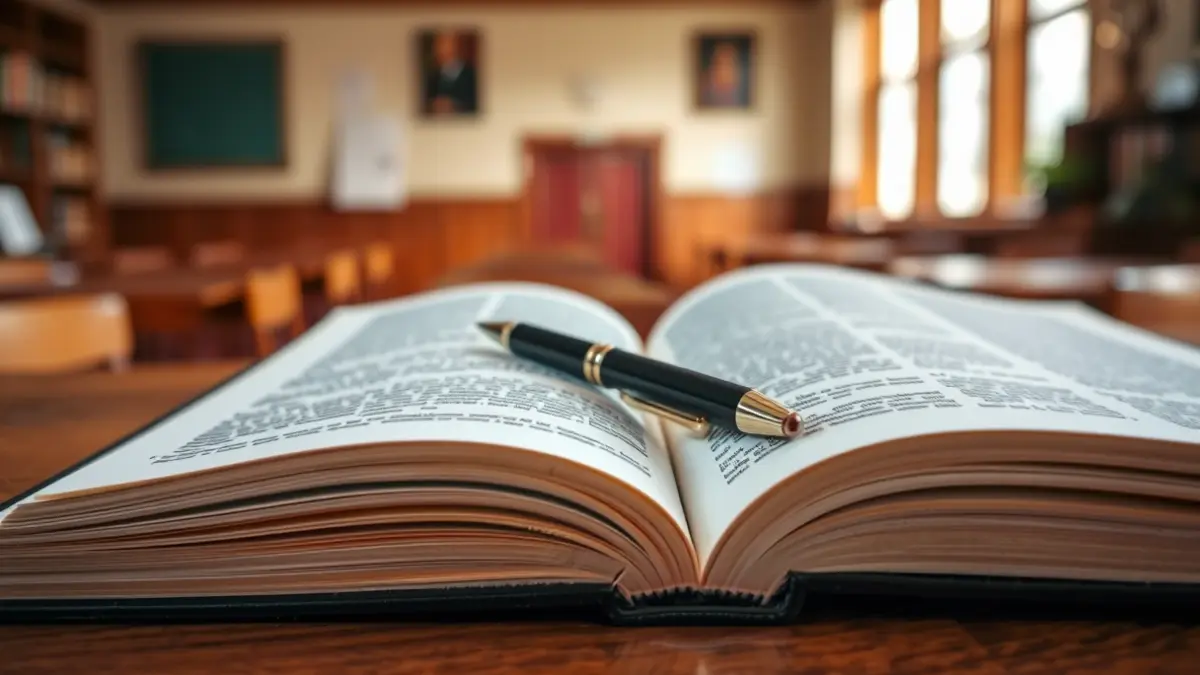 Generic image of an open law book on a desk, with a blurred background of a university classroom.