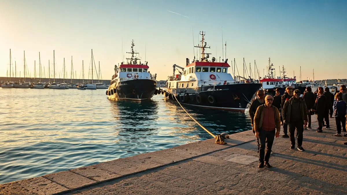 Imagen de una flotilla humanitaria en el puerto de Barcelona, con barcos y activistas preparando la salida.