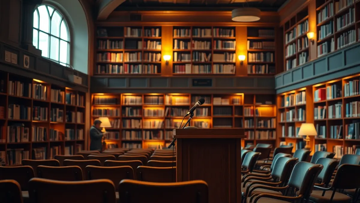 Imatge genèrica d'una sala de presentacions o biblioteca amb un faristol i cadires buides, il·luminada amb llum càlida.