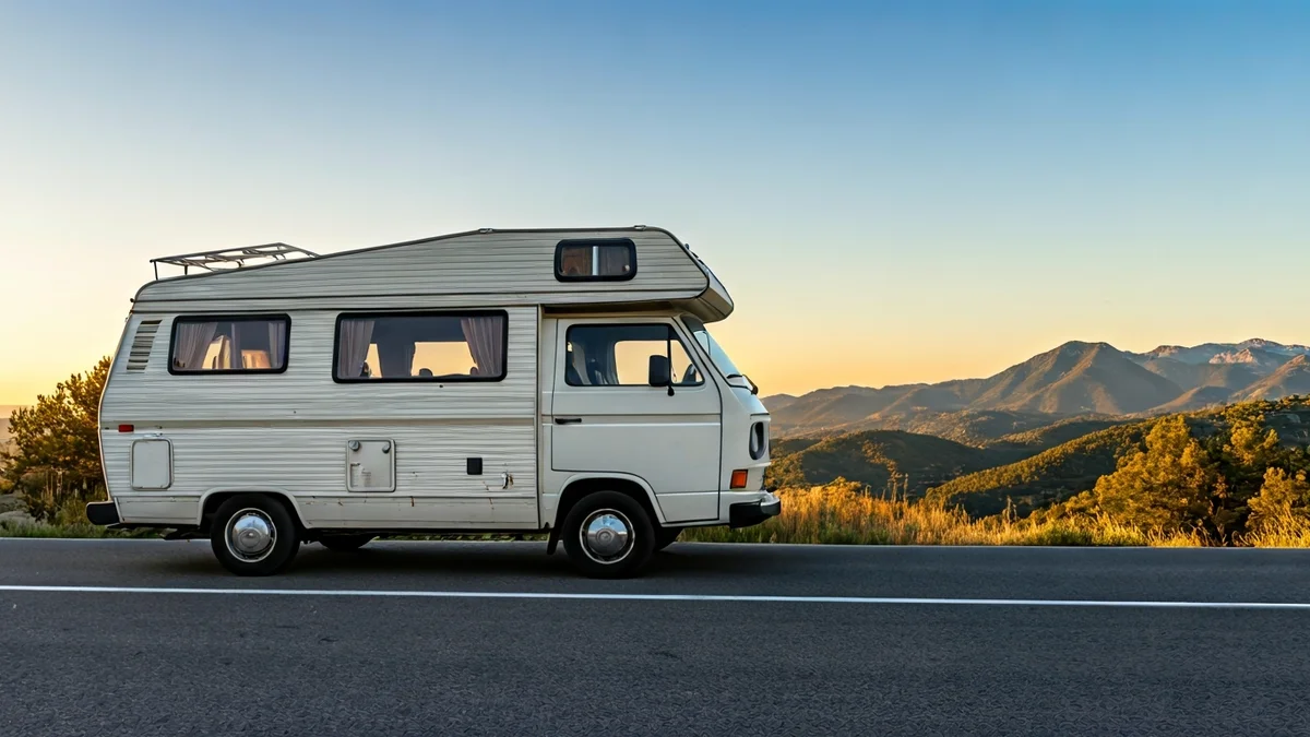 Imatge genèrica d'una furgoneta camper antiga en un paisatge mediterrani.