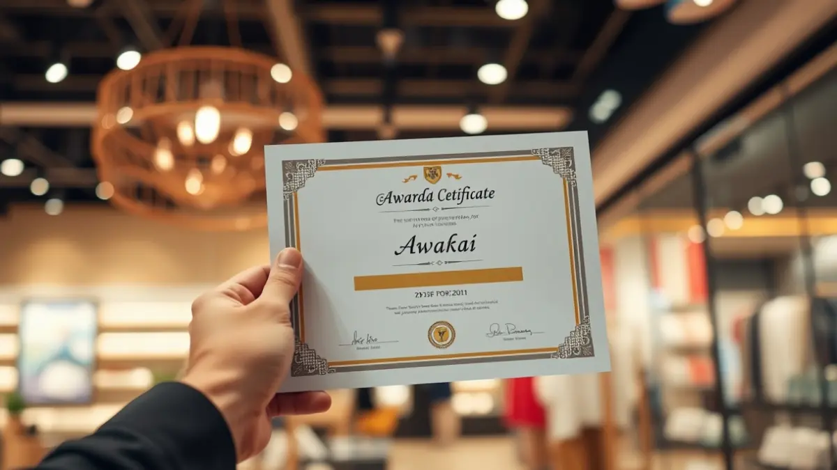 Imatge genèrica d'una mà sostenint un certificat de reconeixement en un entorn comercial.