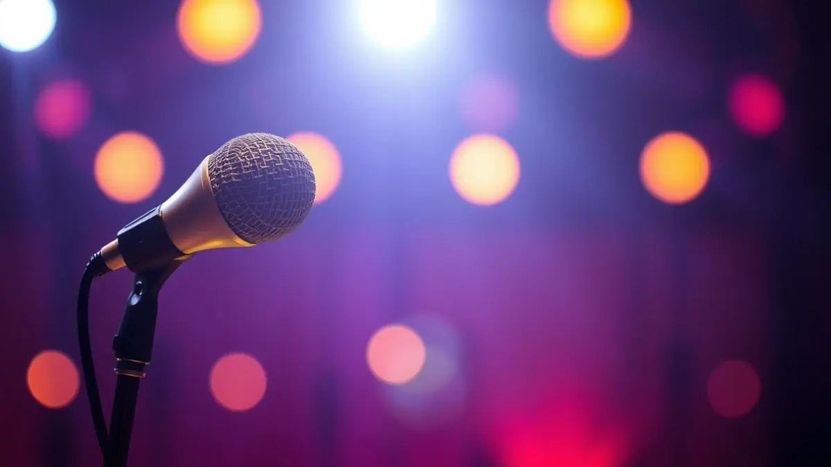 Imagen genérica de un micrófono en un escenario, con luces borrosas al fondo.