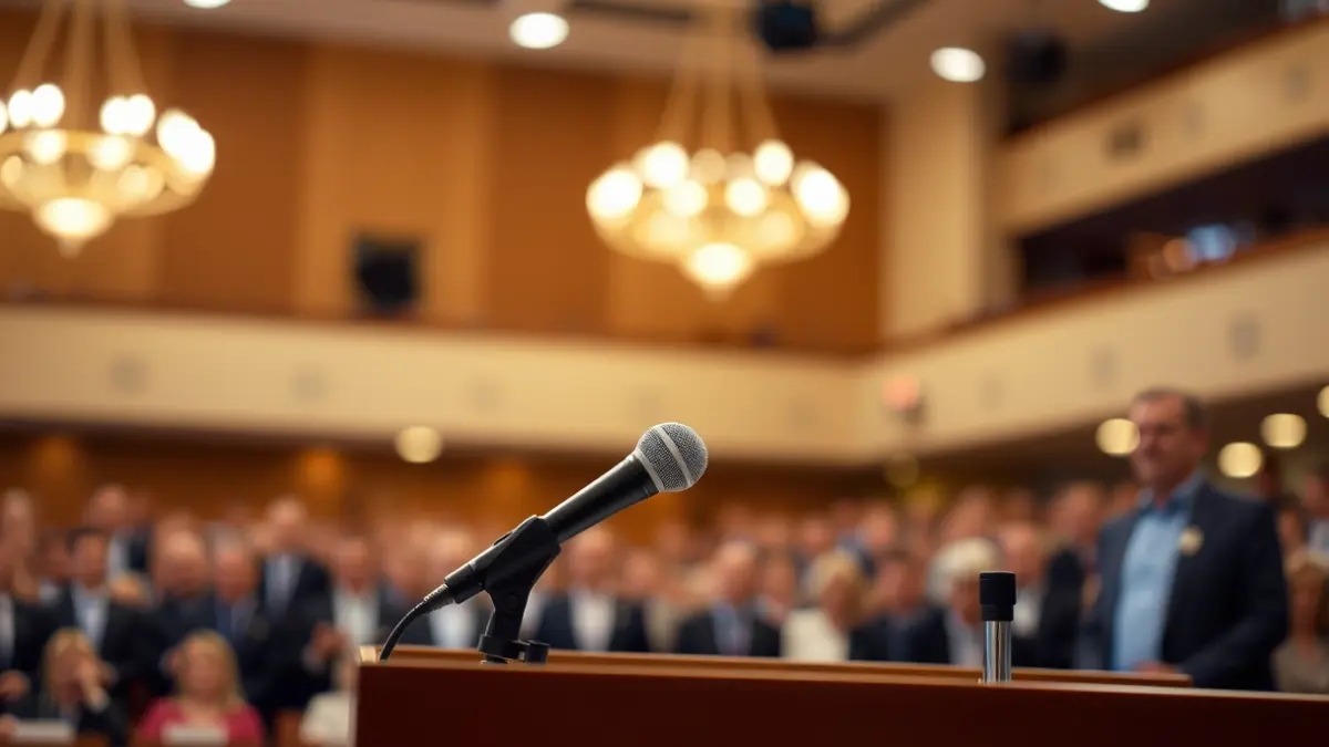 Imagen genérica de un micrófono en un atril, simbolizando un anuncio político o asamblea.