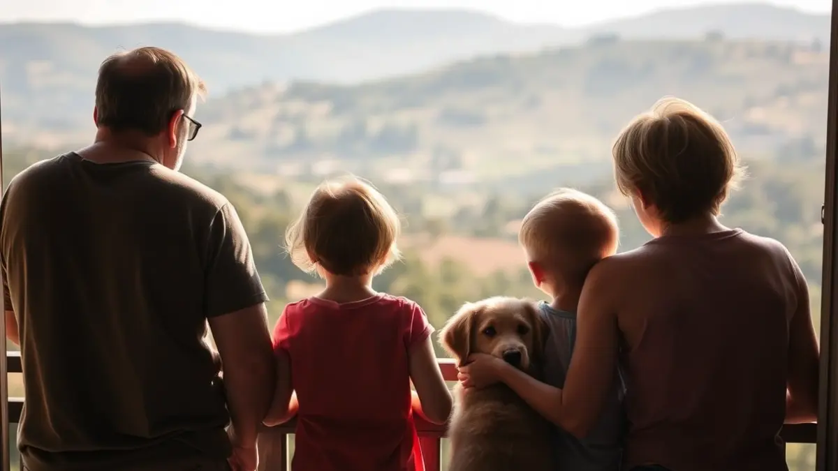 Imatge d'una família amb nens i un gos gaudint de les vistes des d'un alberg a Catalunya.