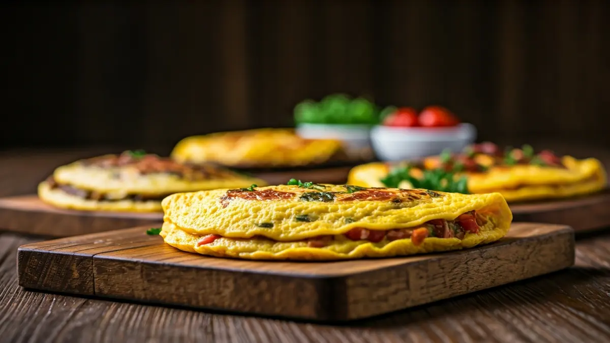 Image of a table with various homemade omelets, some with creative ingredients, in a celebratory setting.