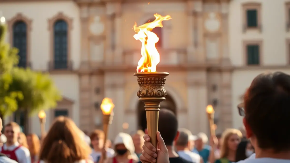 Imatge d'una flama sent portada en una processó cultural amb un ajuntament històric al fons.