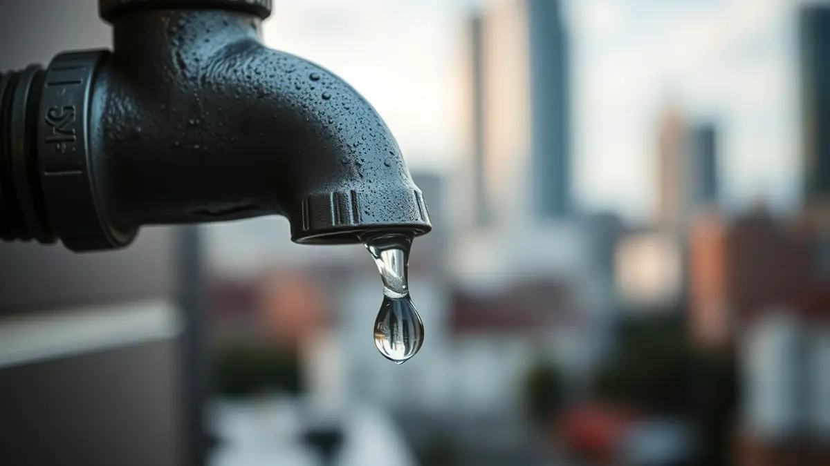 Generic image of a water tap with a single drop falling, with a blurred city in the background.
