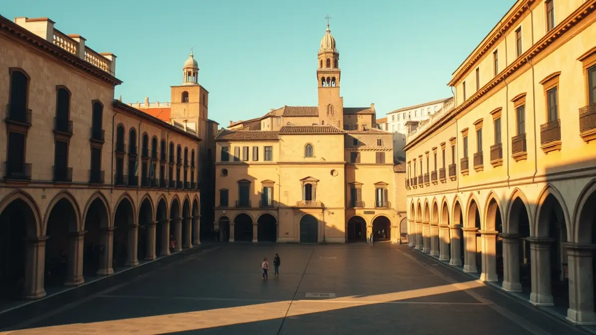 Imatge de la plaça Major de Vic, amb edificis històrics i arcs porticats.