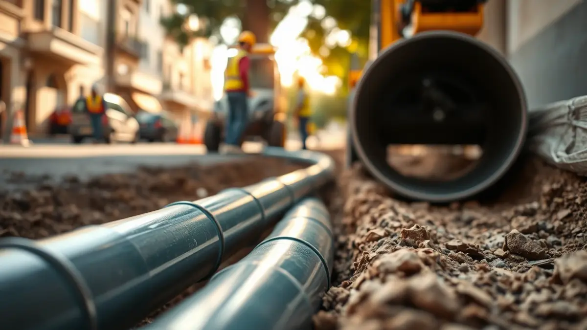Imatge d'una canonada de polietilè sent instal·lada en una rasa al carrer.
