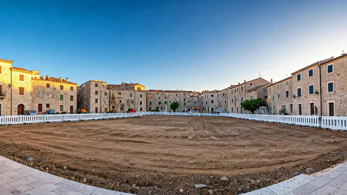 Image of an empty plot in the center of Vilaller, surrounded by stone buildings.