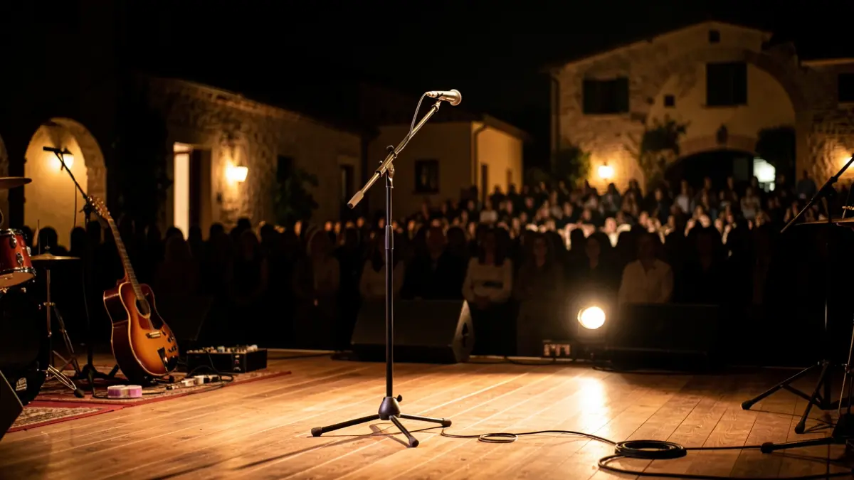 Generic image of a music stage with instruments and blurred audience.