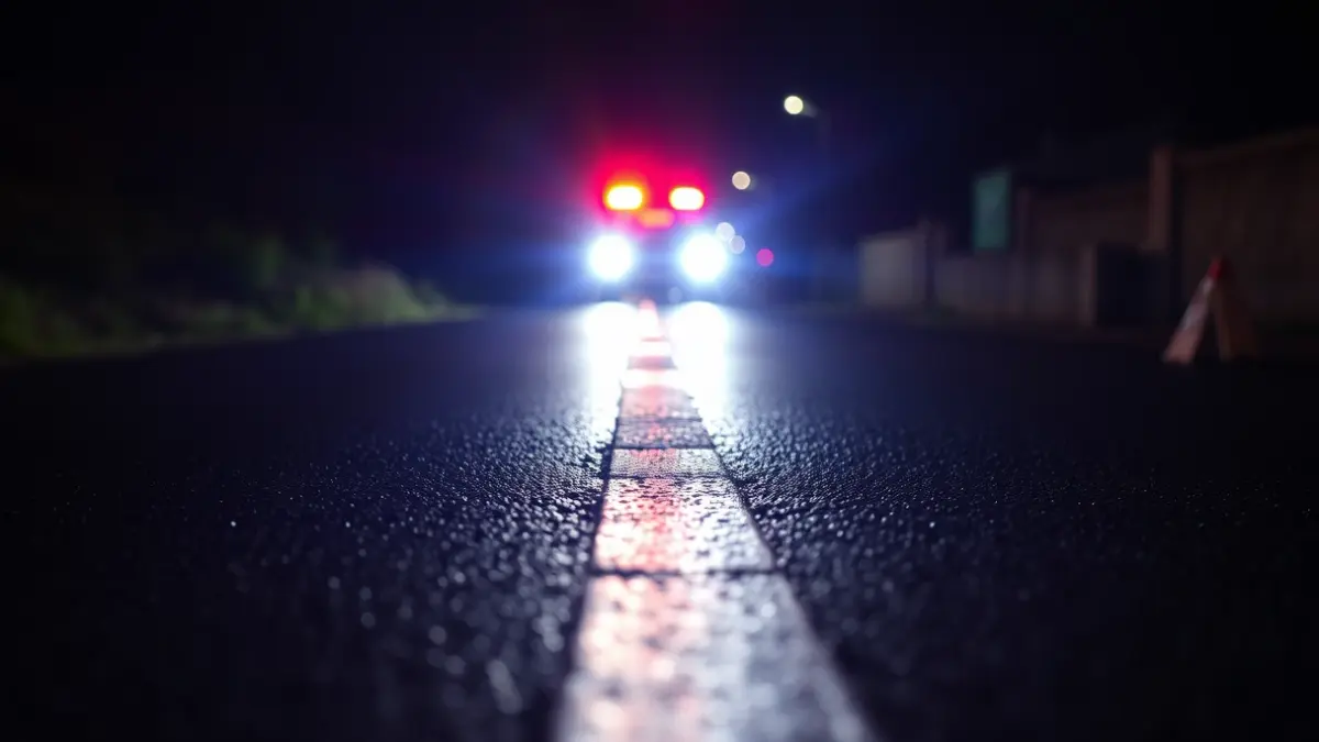 Generic image of emergency lights reflecting on wet asphalt at night.