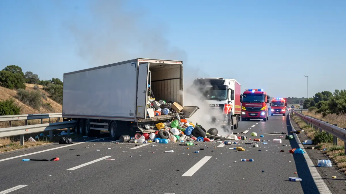 Imatge d'un camió frigorífic bolcat a l'autovia A-2 a prop d'Òdena, amb vehicles d'emergència.
