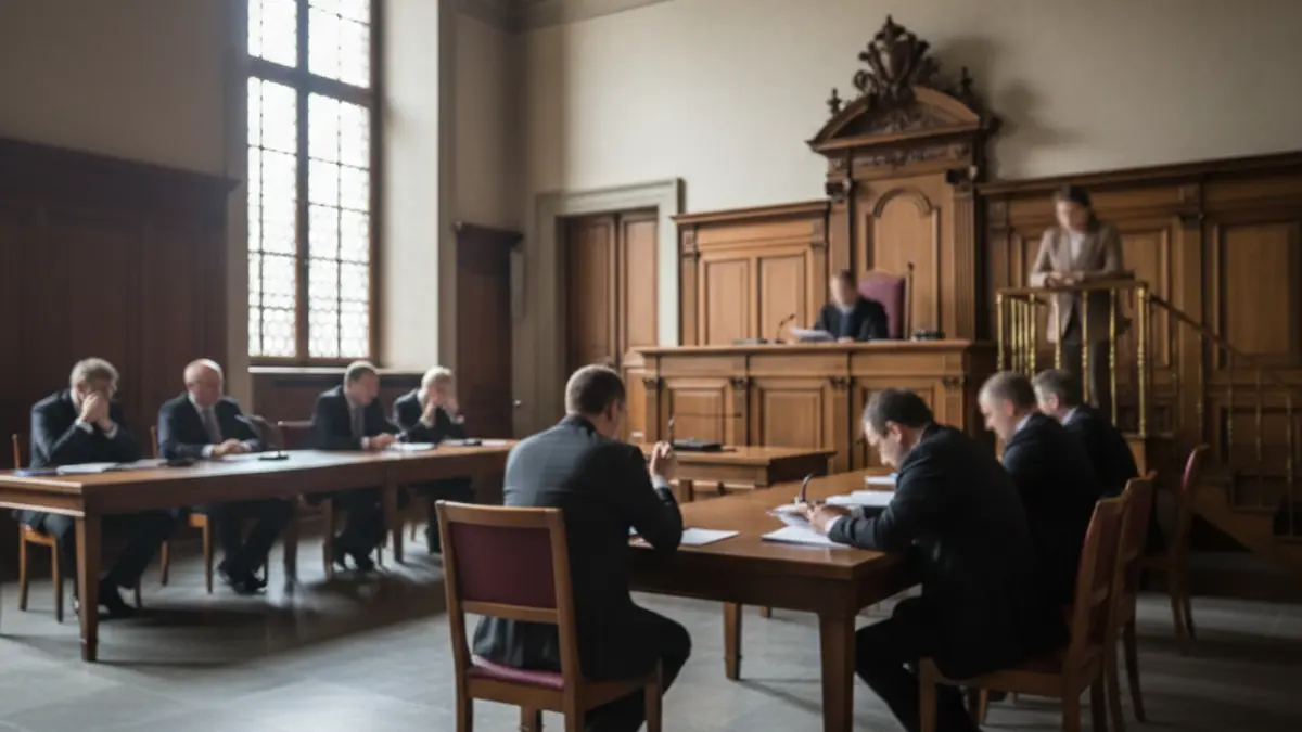Generic image of a courtroom with a judge's bench and witness stand.