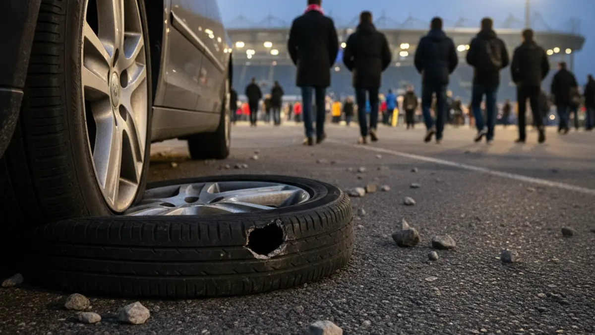 Flat car tire in a parking lot, with stadium lights in the background.