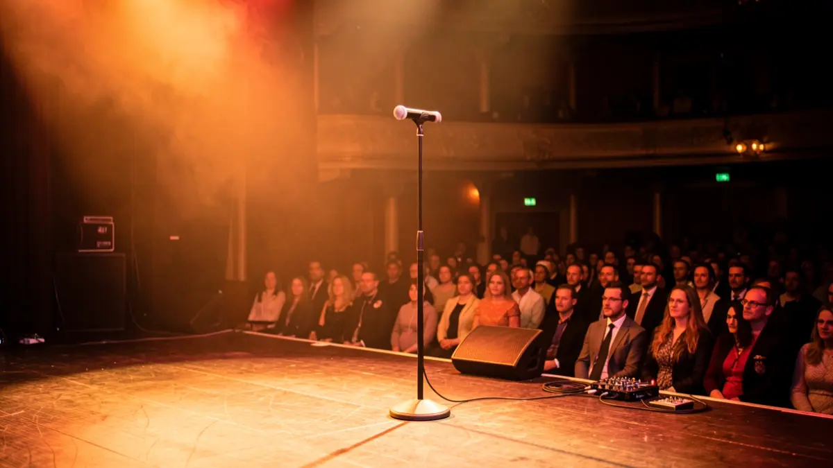 Generic image of a stage with a microphone.