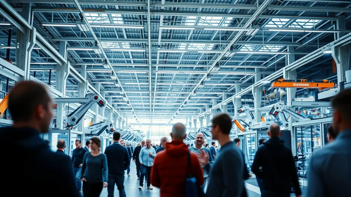 Imatge genèrica d'un saló industrial amb robots i tecnologia avançada.