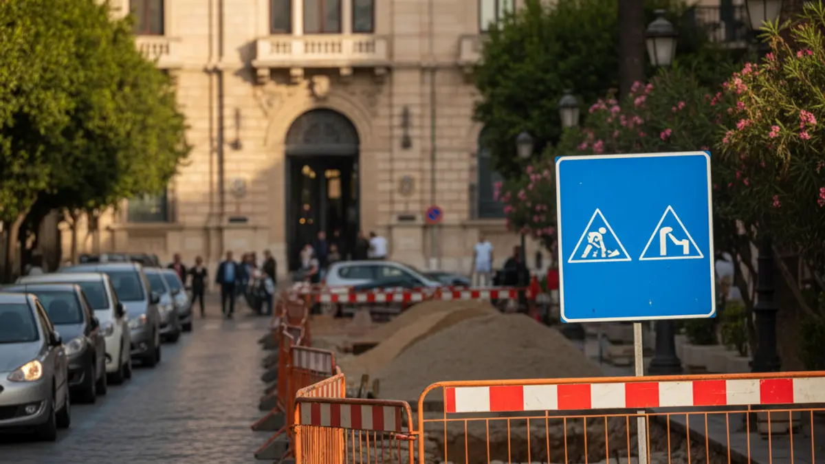 Imatge d'obres al carrer amb senyalització prop d'un hospital.