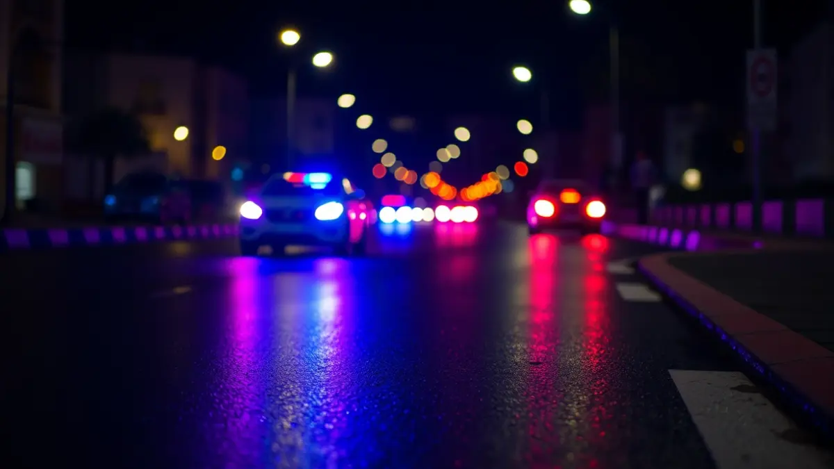 Generic image of emergency lights reflecting on wet asphalt.