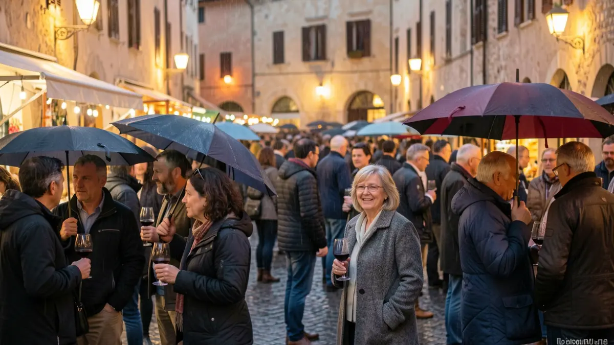 Imatge genèrica d'una fira de vins i caves a l'aire lliure sota la pluja.
