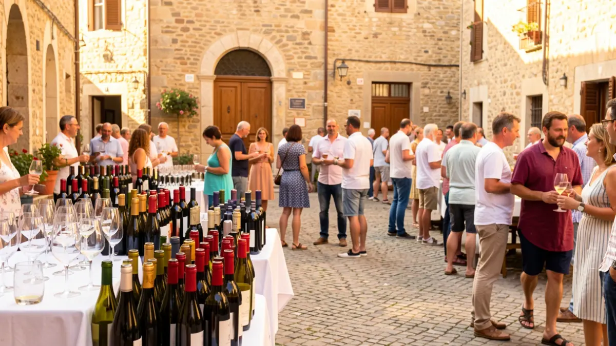 Imatge genèrica d'una fira de vins a l'aire lliure en una plaça de poble mediterrani.