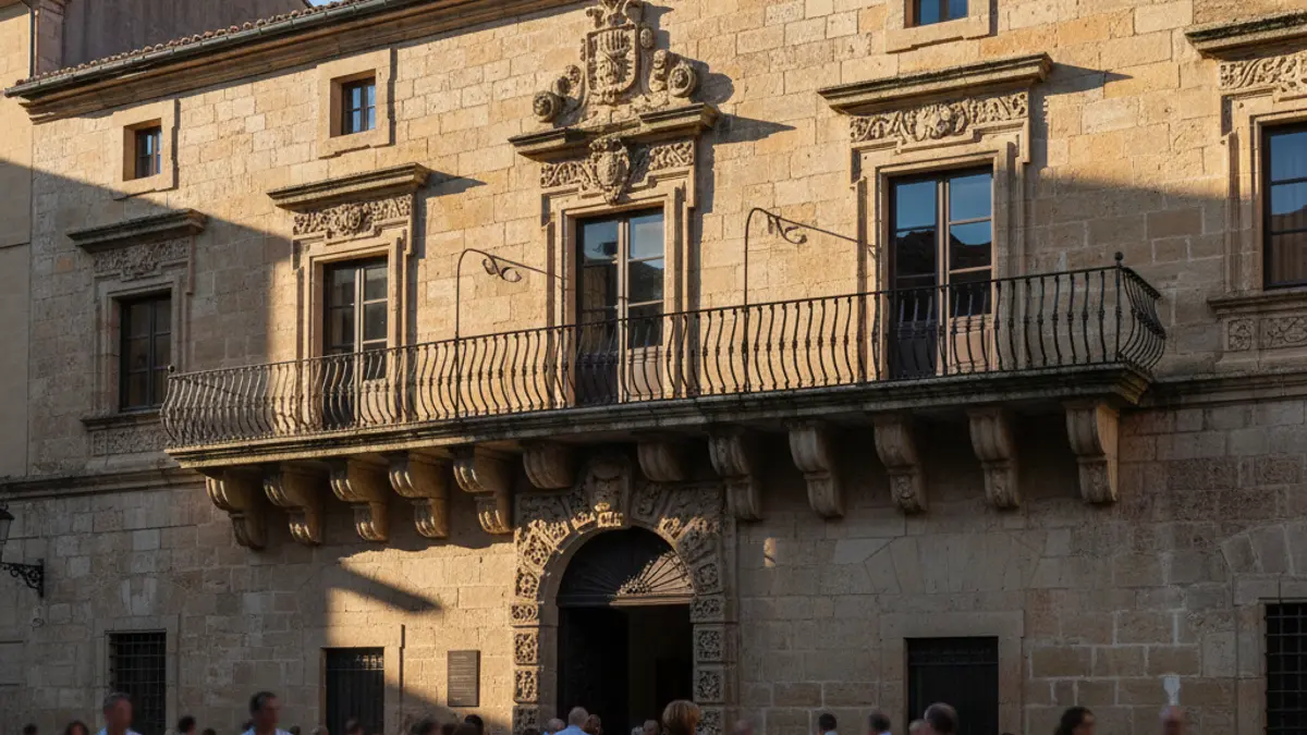 Façana d'un ajuntament de pedra amb balcó ornamentat sota la llum del sol de la tarda.